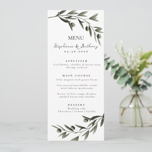 Menu Botanique Olive Branch Feuille Mariage italien (Debout devant)