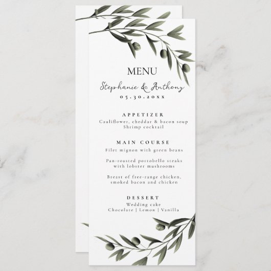 Menu Botanique Olive Branch Feuille Mariage italien (Devant / Derrière)