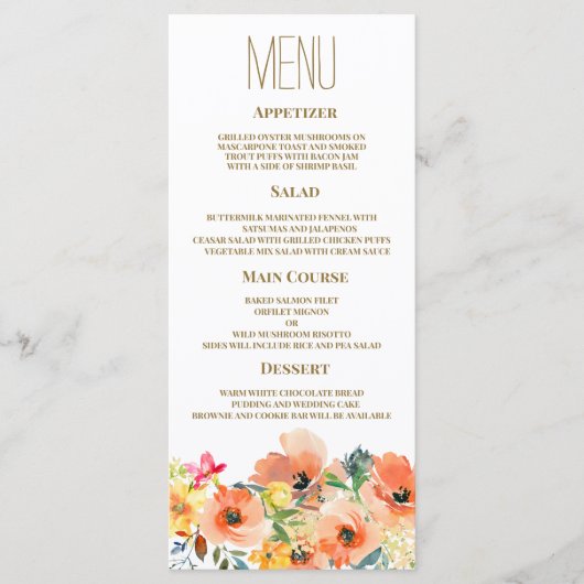 Menu Botanique orange jaune rose Mariage (Devant)