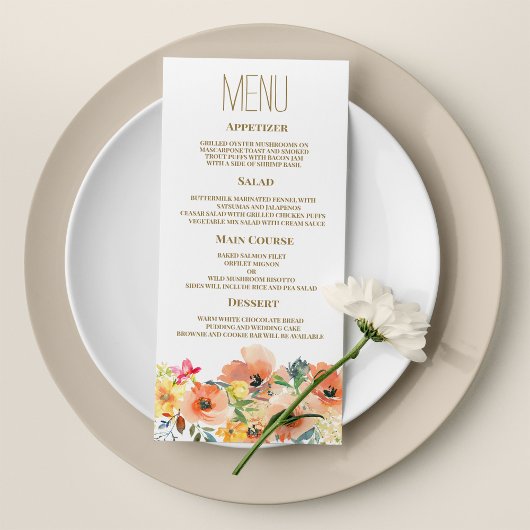 Menu Botanique orange jaune rose Mariage