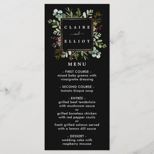 Menu Botanique Verdure Noël Fête Mariage noir (Devant)