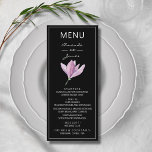 Menu Botanique violet Magnolia Mariage d'aquarelle<br><div class="desc">Créez un menu pour votre réception de mariage ou événement spécial avec une élégante aquarelle couleur violet de fleurs de magnolia sur un arrière - plan noir et vos choix de menu. OBJETS CORRESPONDANTS dans notre magasin.</div>
