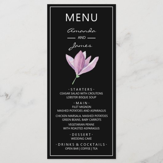 Menu Botanique violet Magnolia Mariage d'aquarelle (Devant)