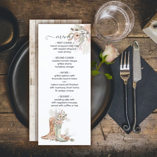 Menu Bottes florales de mariée et de chambre Cowboy Oue