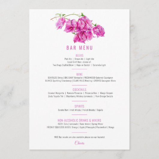 Menu Bougainvillea rose violet mariage (Devant)