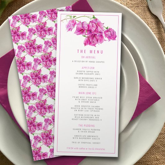 Menu Bougainvillea rose violet mariage d'aquarelle