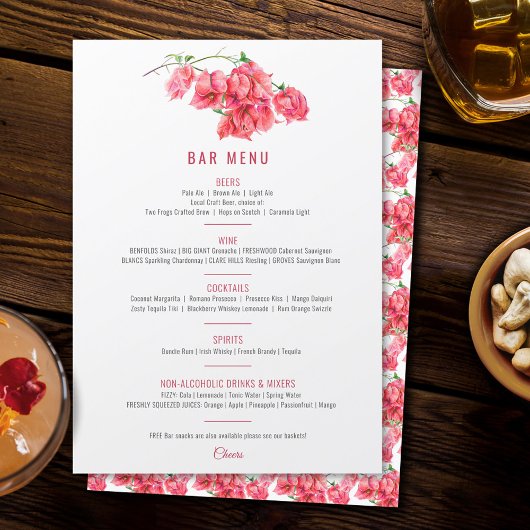 Menu Bougainvillea rouge rose mariage Bar