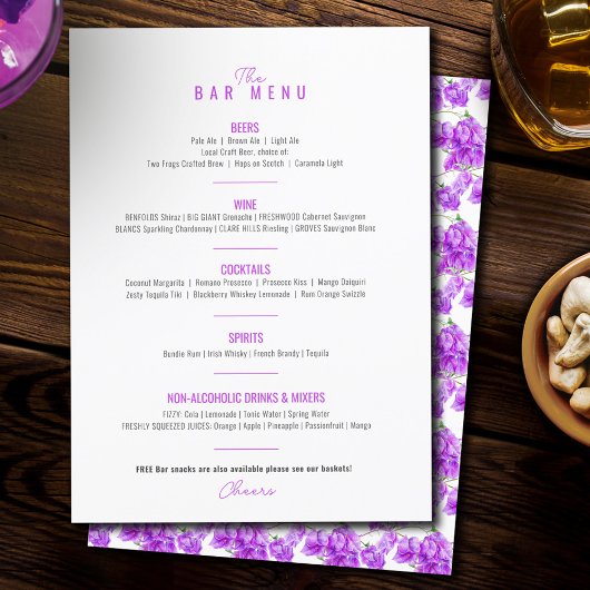Menu Bougainvillea violet aquarelle bar mariage