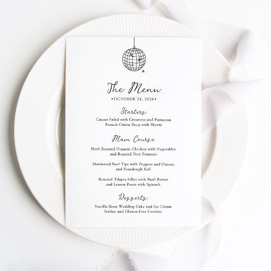 Menu Boule Disco Minimale | Mariage noir et blanc
