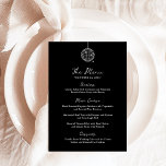 Menu Boule Disco Minimale | Mariage noir foncé<br><div class="desc">Ces élégantes cartes de menu de mariage noir ou de répétition présentent un style moderne et minimaliste,  avec un script manuscrit blanc et du texte classique. Une boule de disco dessinée à la main et rétro est présentée dans une illustration branchée et fantaisiste.</div>