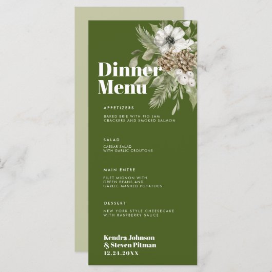 Menu Bouquet de forêt d'hiver vert et blanc Mariage mod (Devant / Derrière)