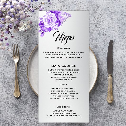 Menu Bouquet rose violet Mariage d'argent brillant