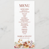 Menu Bourgogne Burnt Orange Floral Fleurs Mariage (Devant)