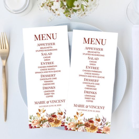 Menu Bourgogne Burnt Orange Floral Fleurs Mariage