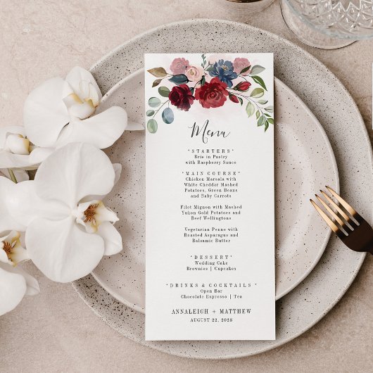 Menu Bourgogne Floral Dusty Blue Botanical Mariage