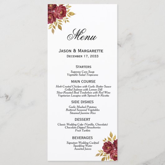 Menu Bourgogne Or Élégantes Florales Moderne Simple (Devant)