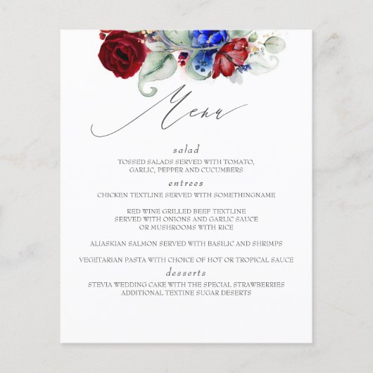 Menu Bourgogne Red en Navy Blue Wedding (Voorkant)