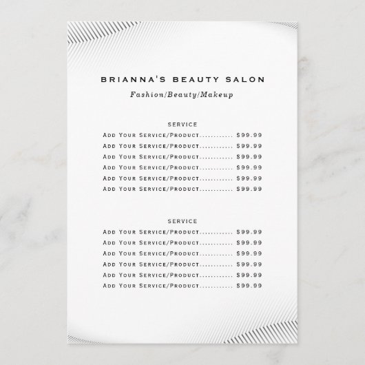 Menu Boutique de luxe Boutique Business Price List (Devant)
