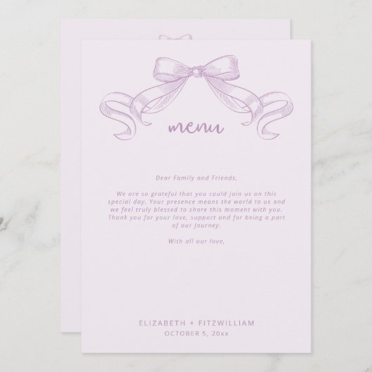 Menu Bow à croquis romantique | Note de remerciement de (Devant / Derrière)