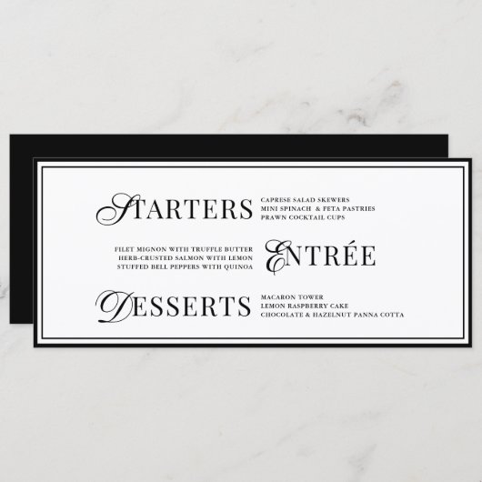 Menu Bow Classic Old Money Black  & White Wedding (Devant / Derrière)