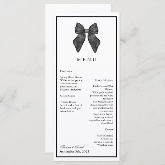 Menu Bow classique noir et blanc Mariage (Devant / Derrière)