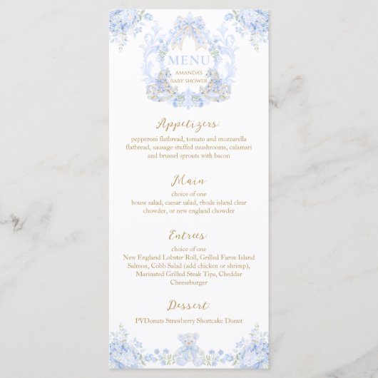 Menu Bow Floral Crest Rustic Elegant Blue Baby Boy Show (Devant)