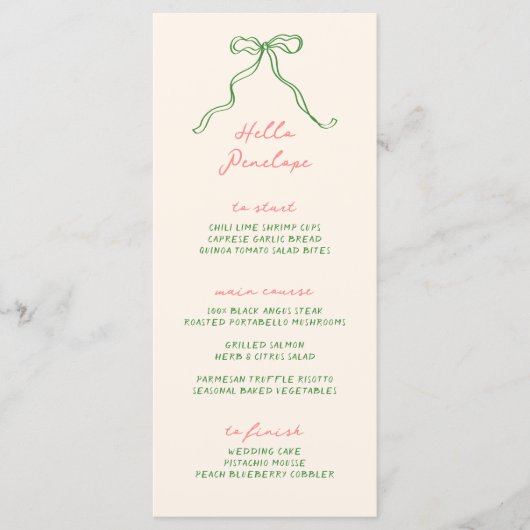 Menu Bow Whimsical Personnalisable manuscrit (Devant)