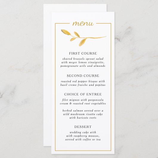 Menu Branche élégante or. Mariage moderne chic (Devant / Derrière)