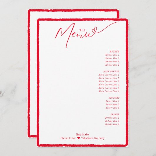 Menu Bravo pour aimer Simple Minimal Red Heart Script (Devant / Derrière)