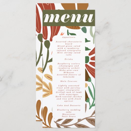 Menu Bright Boho Terracotta Abstrait Mariage floral (Devant / Derrière)