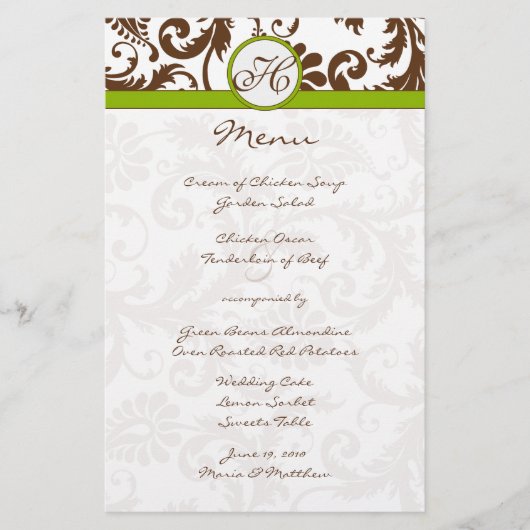 Menu Brown et Apple Green Mariage damassé (Devant)