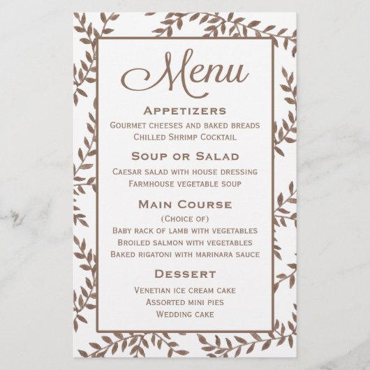 Menu Brown Floral Leaf Watercolor - Mariage (Devant)
