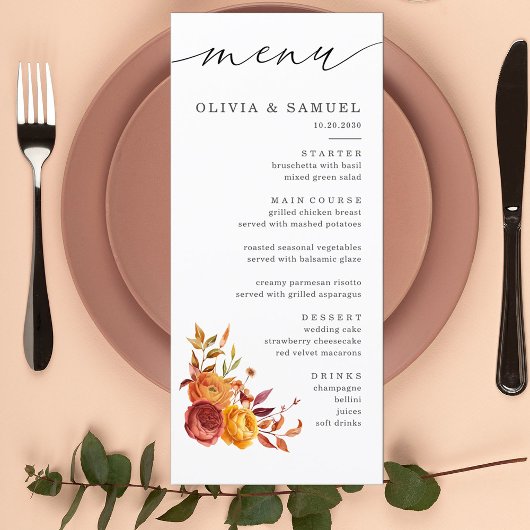 Menu Brown rustique Orange Floral Mariage de automne de