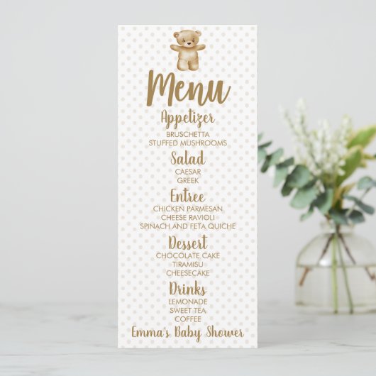 Menu Brown Teddy Bear Pois Baby shower (Debout devant)