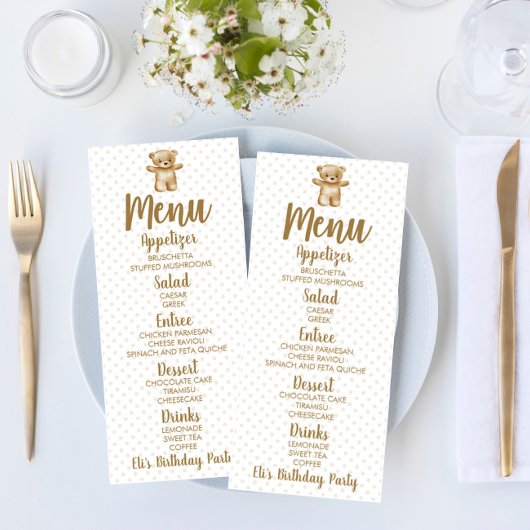 Menu Brown Teddy Bear Pois fête d'anniversaire nourritu