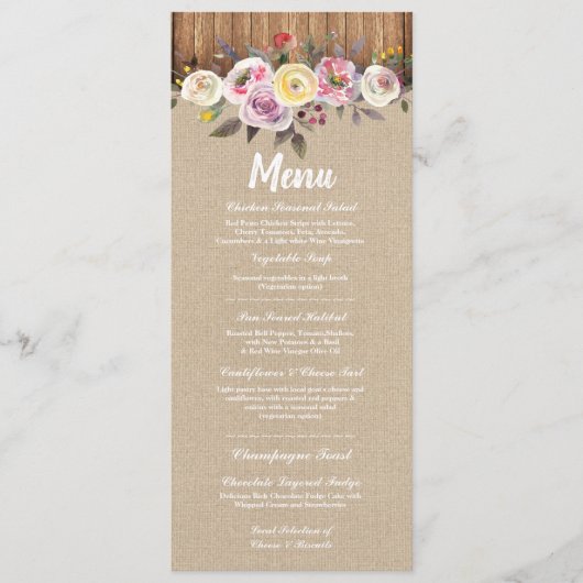 Menu Bruiloftsreceptie Rustieke Jute Hout Bloem (Voorkant)