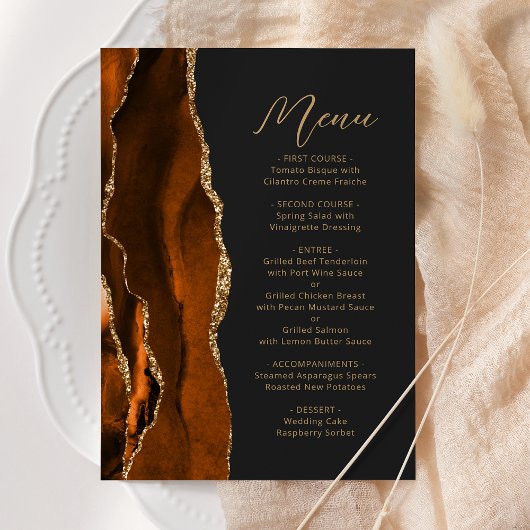 Menu Brûlé Orange Or Agate moderne Script Mariage foncé
