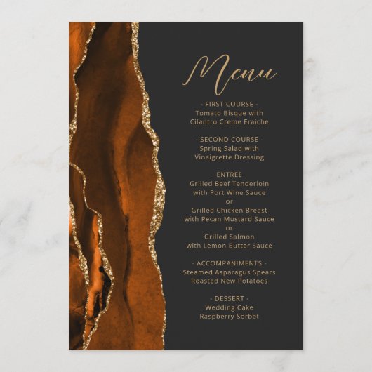 Menu Brûlé Orange Or Agate moderne Script Mariage foncé (Devant)