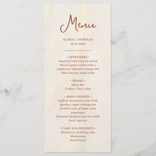 Menu Brush Gold & Terracotta Script Monogram Mariage (Devant)