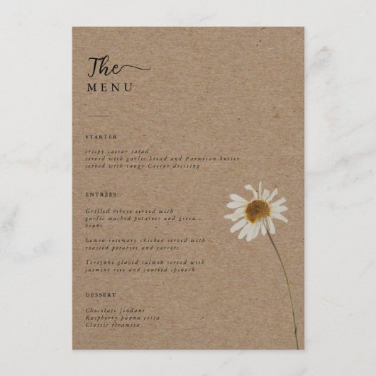 Menu Budget Rustique séché tournesol Mariage Kraft (Devant)