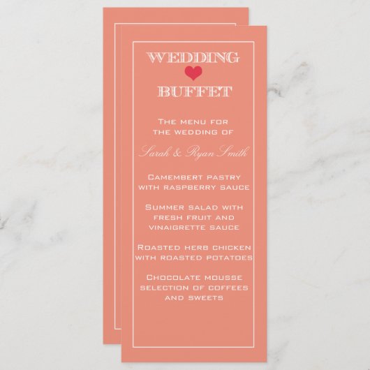 Menu Buffet Mariage Peach & Red Heart (Devant / Derrière)