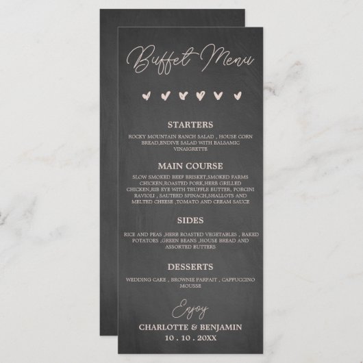 Menu Buffet Rustique Mariage Noir Charbon (Devant / Derrière)