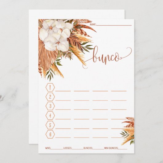 Menu Bunco Score Card Fall Floral Pampas Grass (Devant / Derrière)