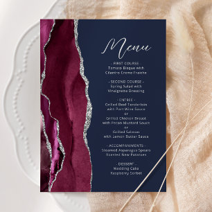 Menu Burgundy Agate Argent Script Marine Blue Mariage