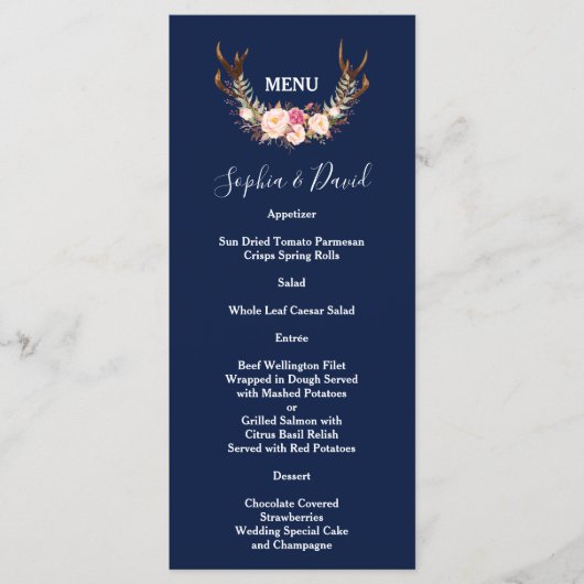 Menu Burgundy Blush Floral Frame Bleu foncé Mariage (Devant)