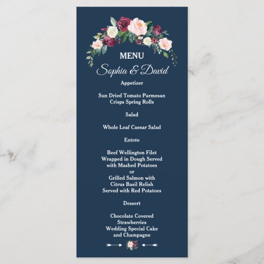 Menu Burgundy Blush Floral Navy Blue Floral Mariage (Devant)
