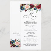 Menu Burgundy Blush Navy Roses Dîner Mariage (Devant / Derrière)
