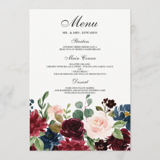 Menu Burgundy Blush Rouge Vins Fleurs Mariage moderne (Devant)