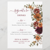 Menu Burgundy Burnt Orange Floral Mariage Boissons Bar (Dos)