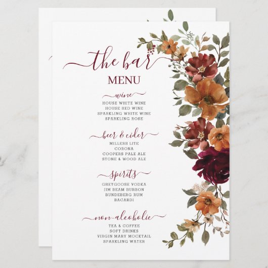 Menu Burgundy Burnt Orange Floral Mariage Boissons Bar (Devant / Derrière)